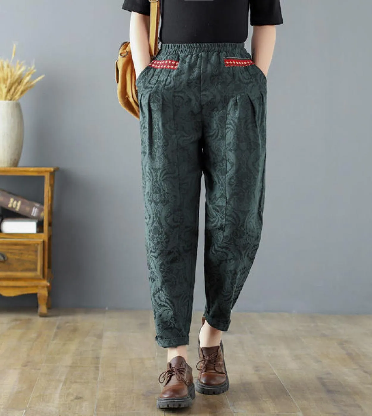 2022 Primavera Autunno New Arts Style Donna Elastico in vita Pantaloni alla caviglia casual larghi Pantaloni Harem vintage in co
