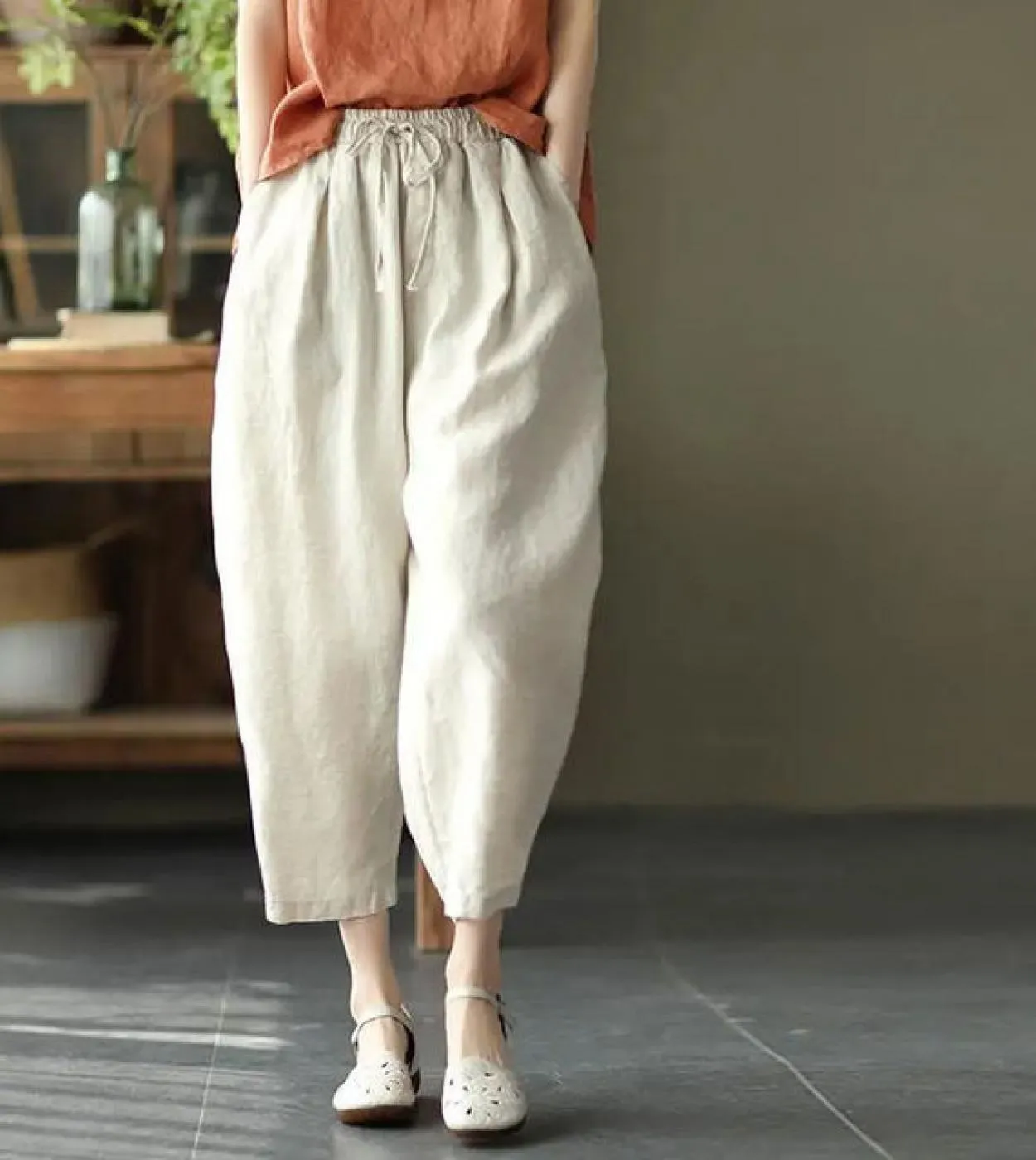 2022 primavera estate donna elastico in vita pantaloni larghi alla caviglia pantaloni Harem casual solidi in lino di cotone di a