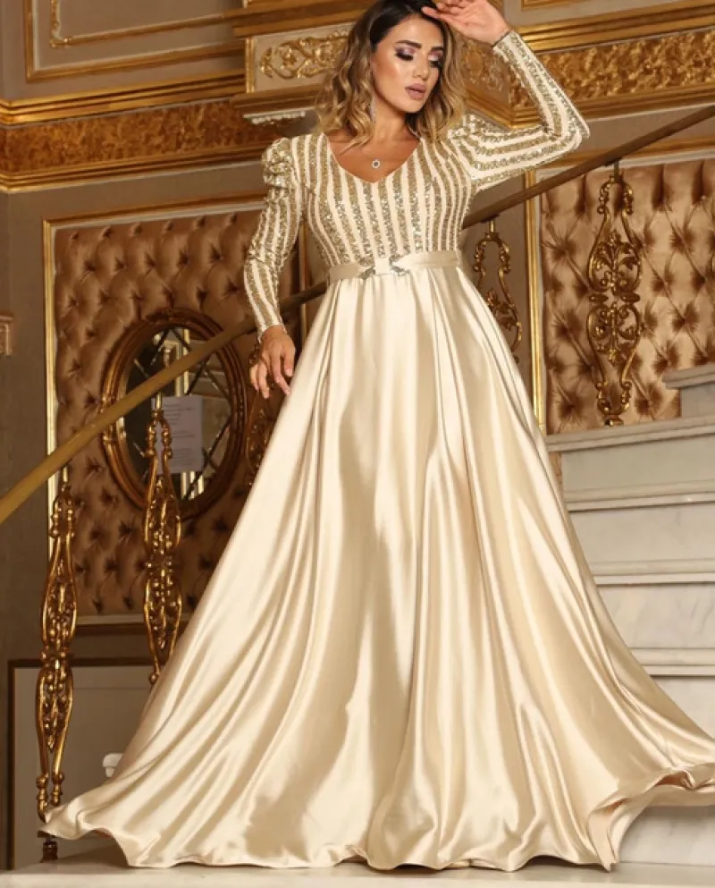 Abito da sera da sera con scollo a V profondo Abito da sera con paillettes a maniche lunghe da donna Streetwear Lungo Vestido Fe
