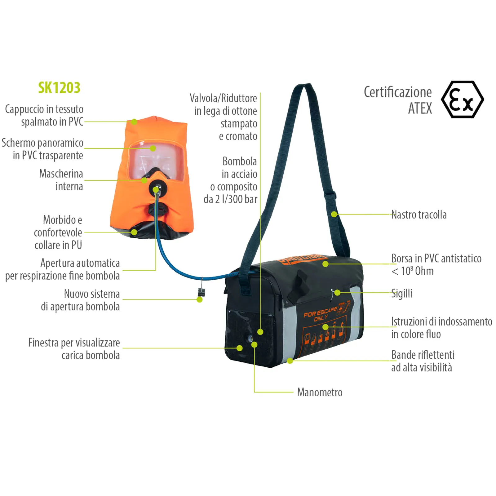 Autorespiratore di Fuga SPASCIANI Kit Completo con Cappuccio e Bombola da 2 Litri modello SK 1203 (EEBD) codice 403010000