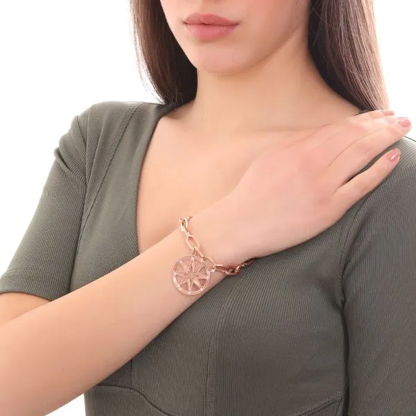 Bracciale placcato oro rosa a maglie rettangolari con rosa dei venti e     