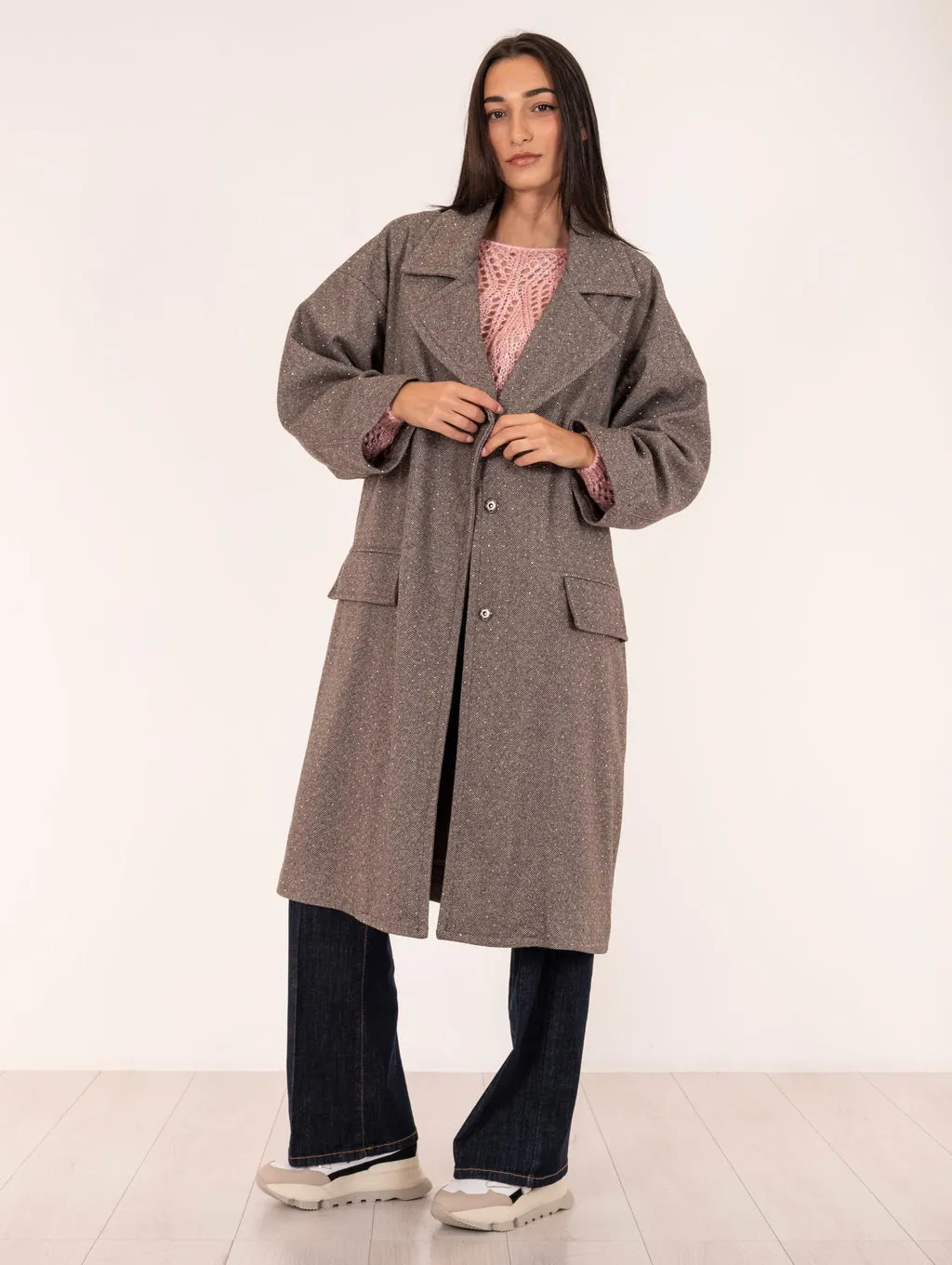 Cappotto Strass Brand Unique Spigato Tortora