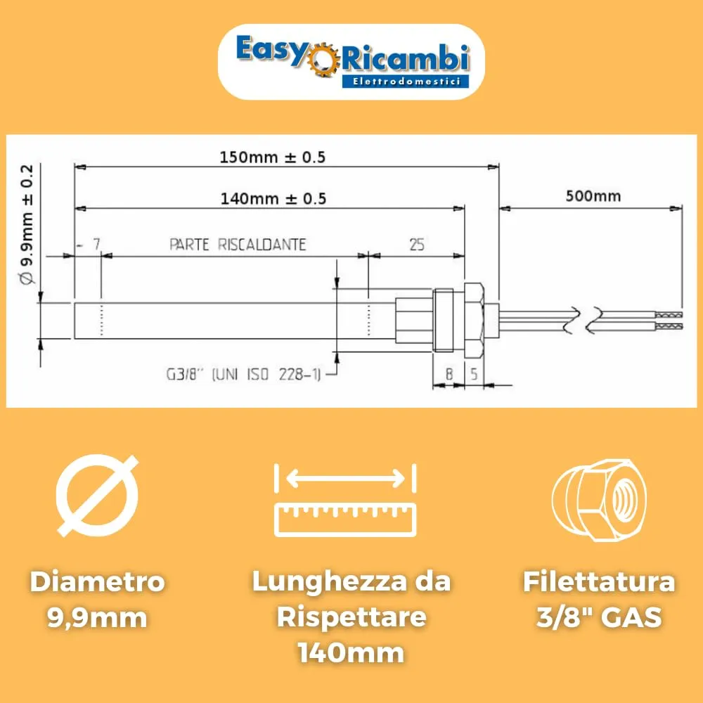 Easyricambi - Candeletta Accensione Stufa Pellet 280W, Diametro 9,9mm e Lunghezza 140mm (150mm Totali) Filettatura 3/8 Gas, Resi