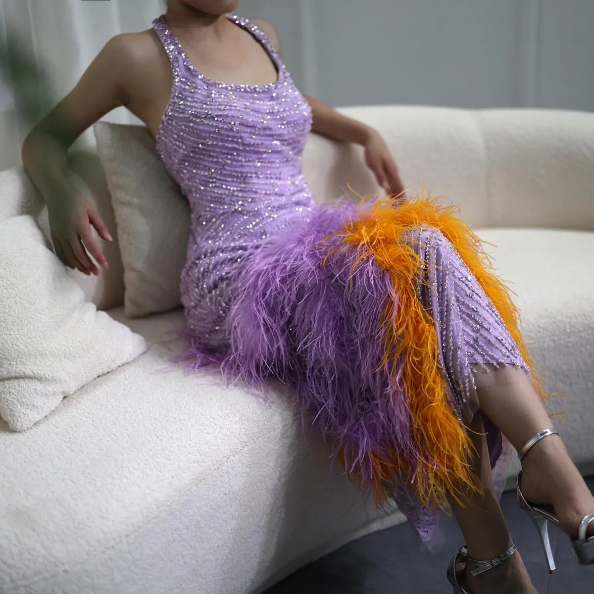 Sharon Said abiti da sera lilla con piume di lusso Dubai 2023 eleganti abiti da ballo per feste di nozze a sirena araba con scol